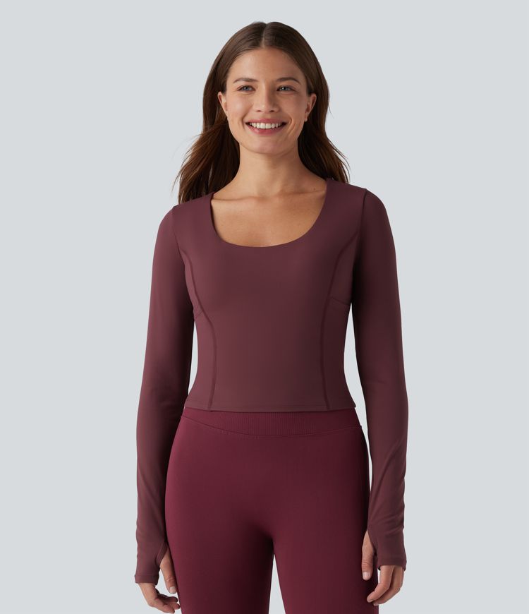 SoftlyZero™ Plush Scoop Neck Push-Up Long Sleeve Thumb Hole Yoga Sports Top with Pockets