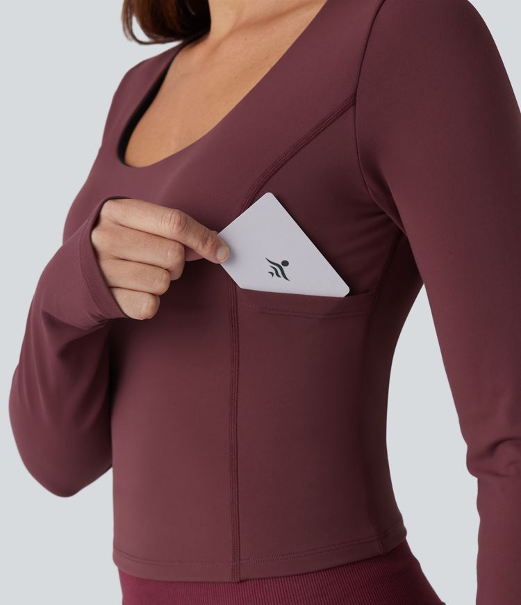 SoftlyZero™ Plush Scoop Neck Push-Up Long Sleeve Thumb Hole Yoga Sports Top with Pockets