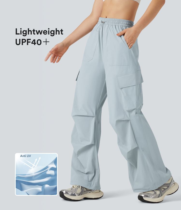 Mid Rise Drawstring Hiking Straight Leg Cargo Pants with Pockets-UPF40+