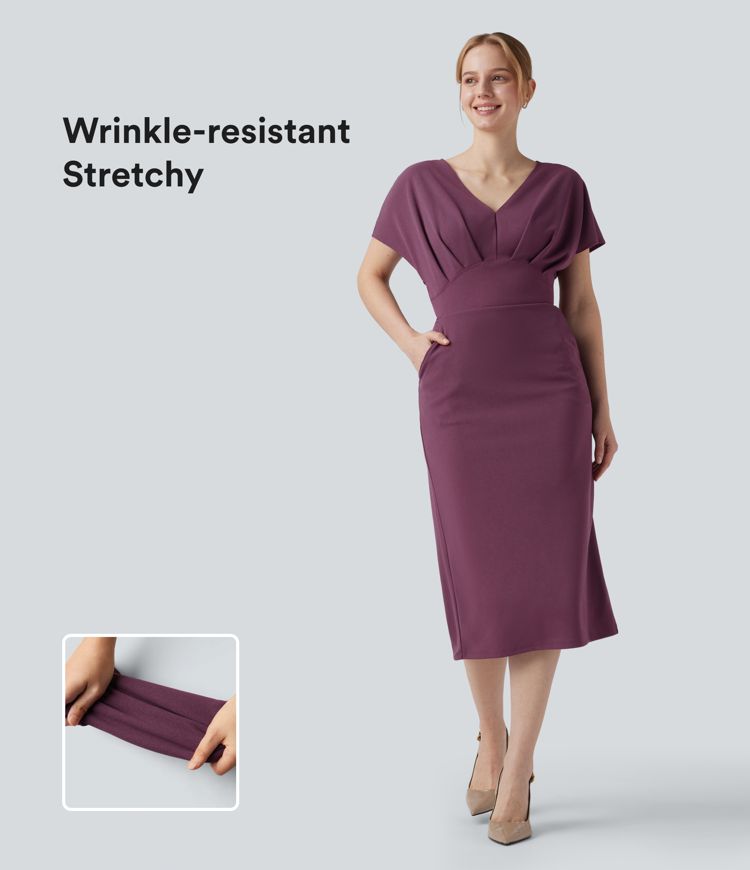 Wrinkle-resistant V Neck Short Sleeve Midi Work Dress with Pockets
