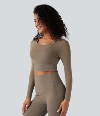 2-в-1 къс спортен топ за йога с дълга ръка и контрастна мрежа