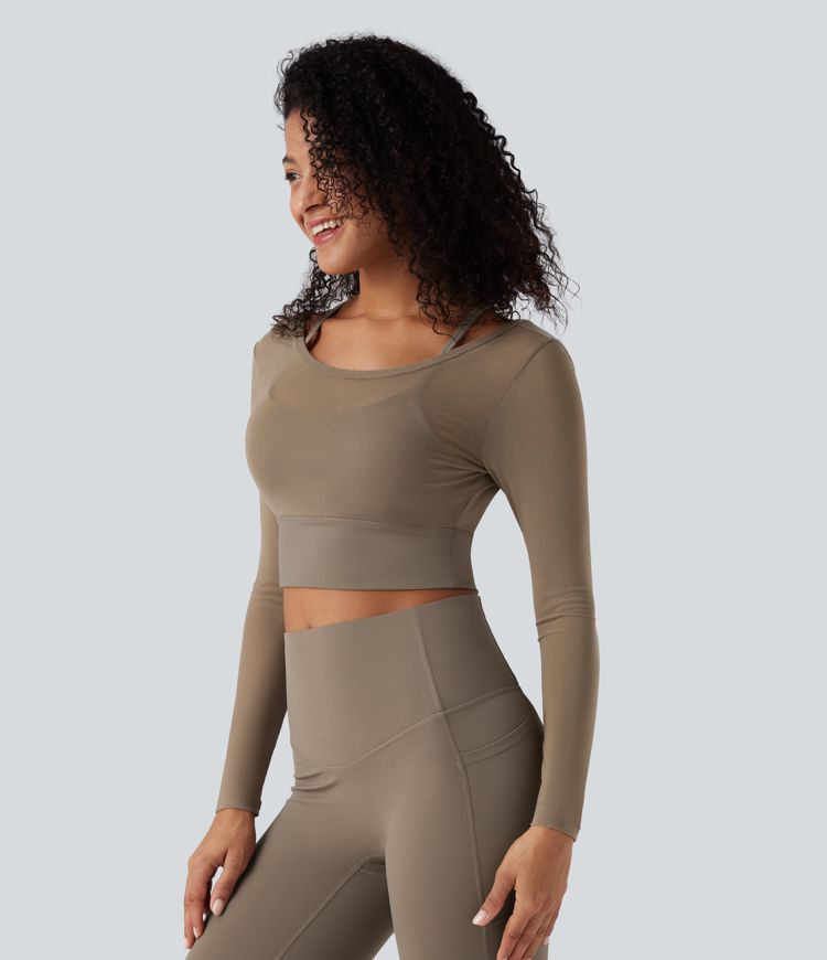 2-в-1 къс спортен топ за йога с дълга ръка и контрастна мрежа