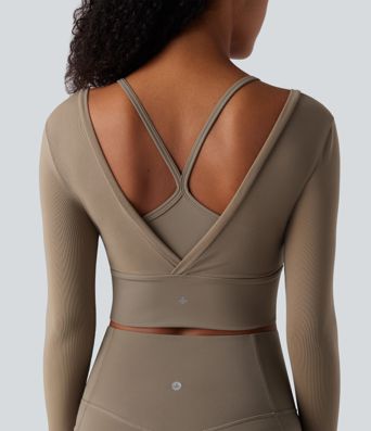 2-в-1 къс спортен топ за йога с дълга ръка и контрастна мрежа