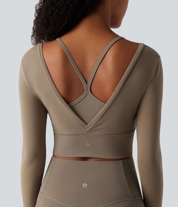 2-в-1 къс спортен топ за йога с дълга ръка и контрастна мрежа