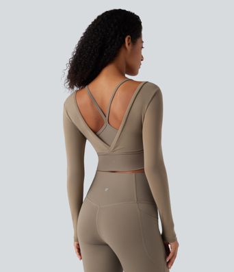 2-в-1 къс спортен топ за йога с дълга ръка и контрастна мрежа