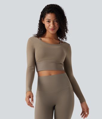 2-в-1 къс спортен топ за йога с дълга ръка и контрастна мрежа