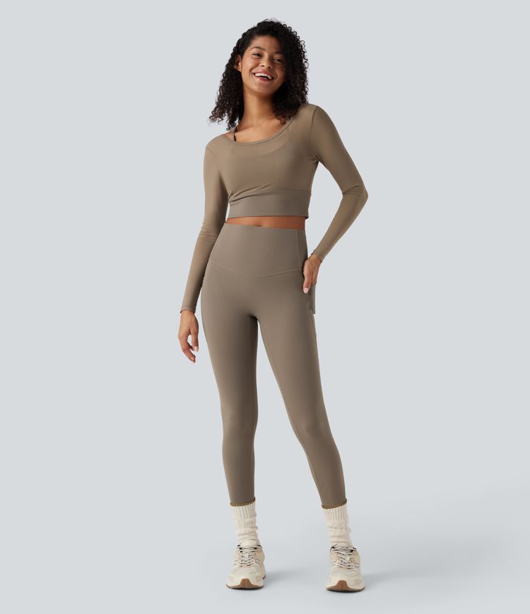 2-в-1 къс спортен топ за йога с дълга ръка и контрастна мрежа