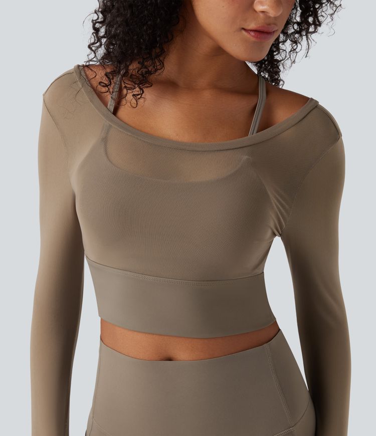 2-в-1 къс спортен топ за йога с дълга ръка и контрастна мрежа