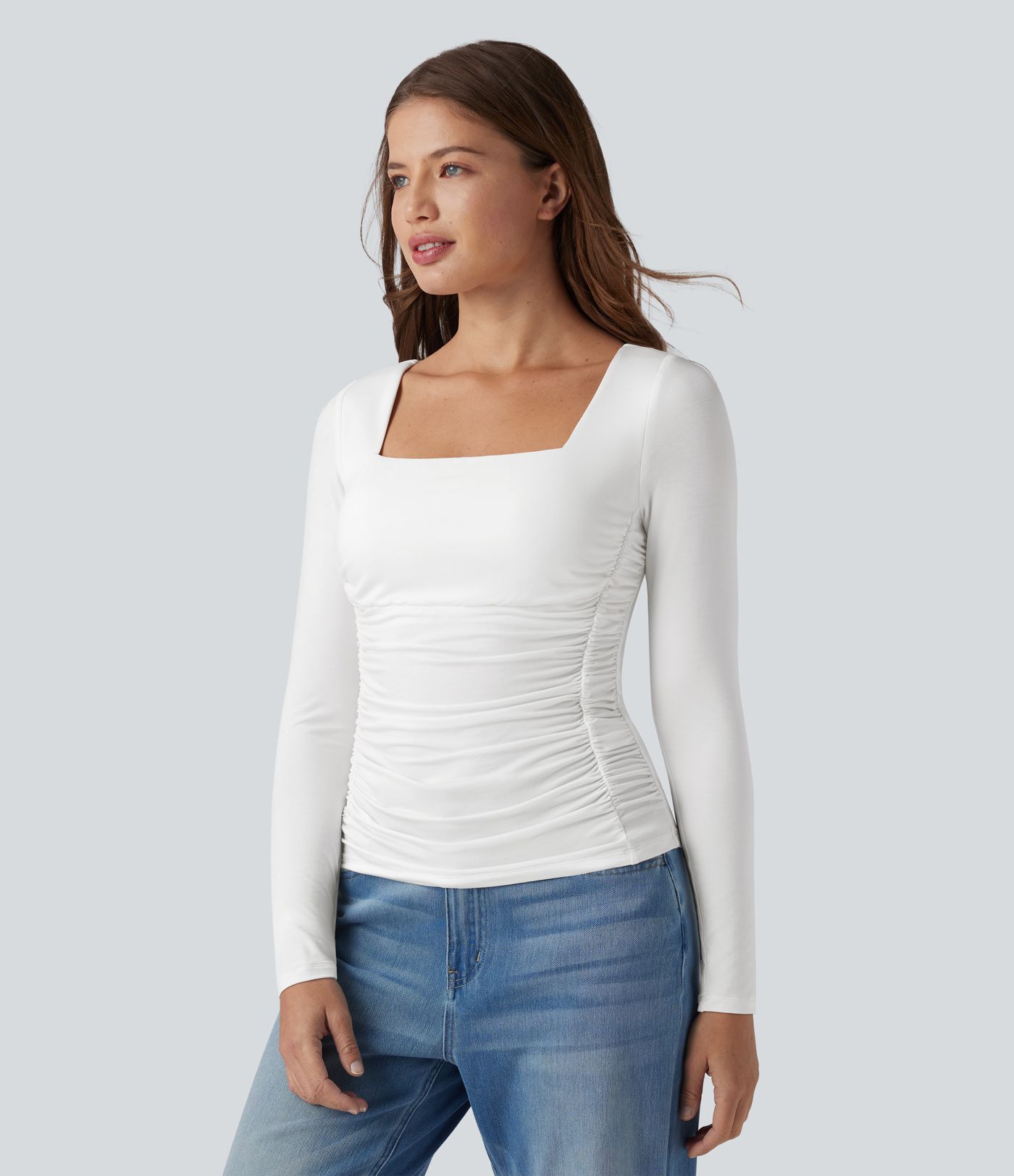 Square Neck Push-Up 2-in-1 Long Sleeve Ruched Casual T-Shirt A/B Cup