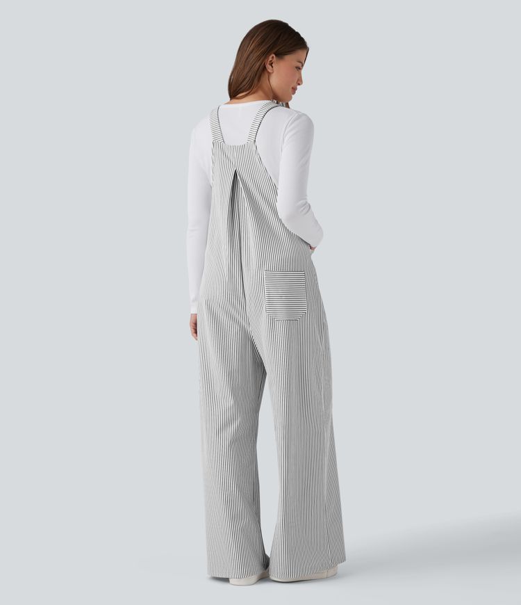 Adjustable Straps Stripes Wide Leg Casual Overalls with Pockets