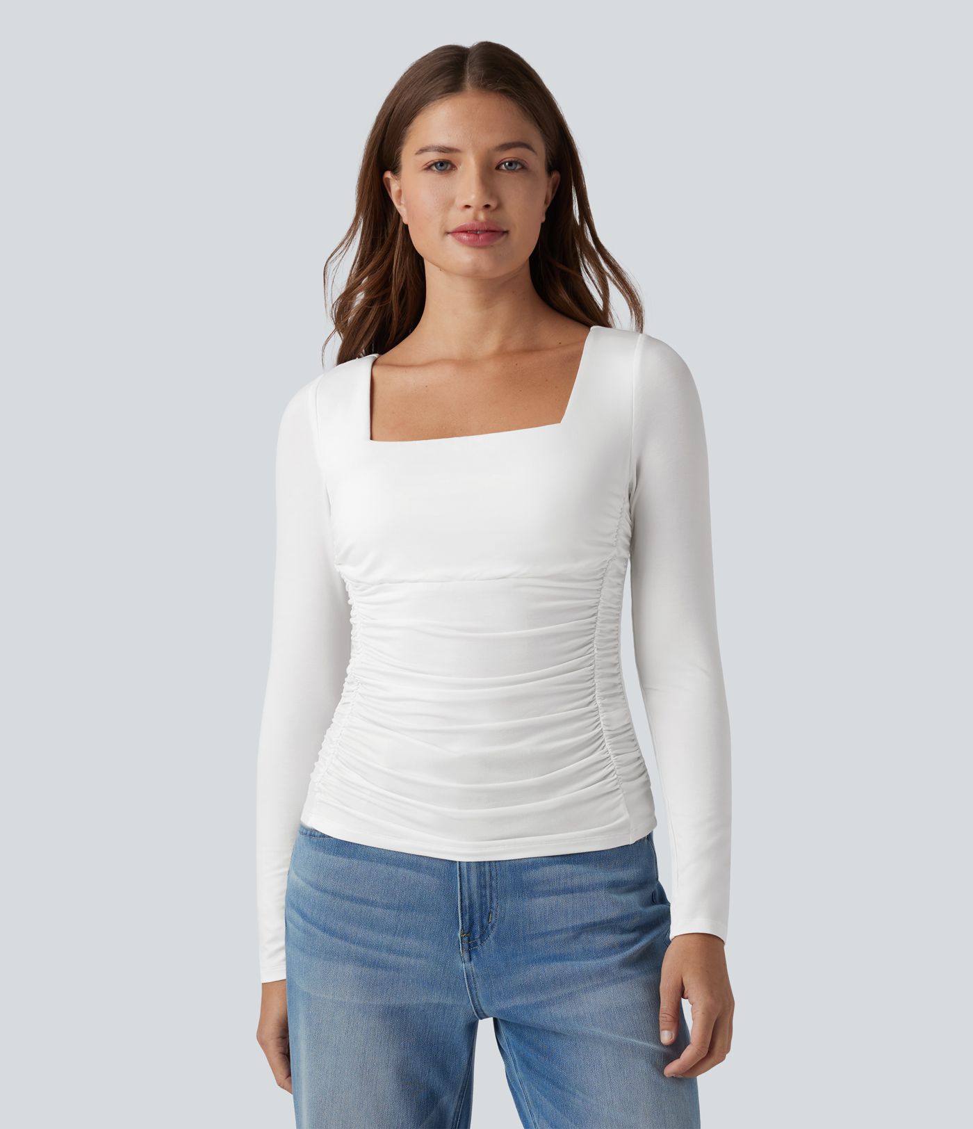 Square Neck Push-Up 2-in-1 Long Sleeve Ruched Casual T-Shirt A/B Cup