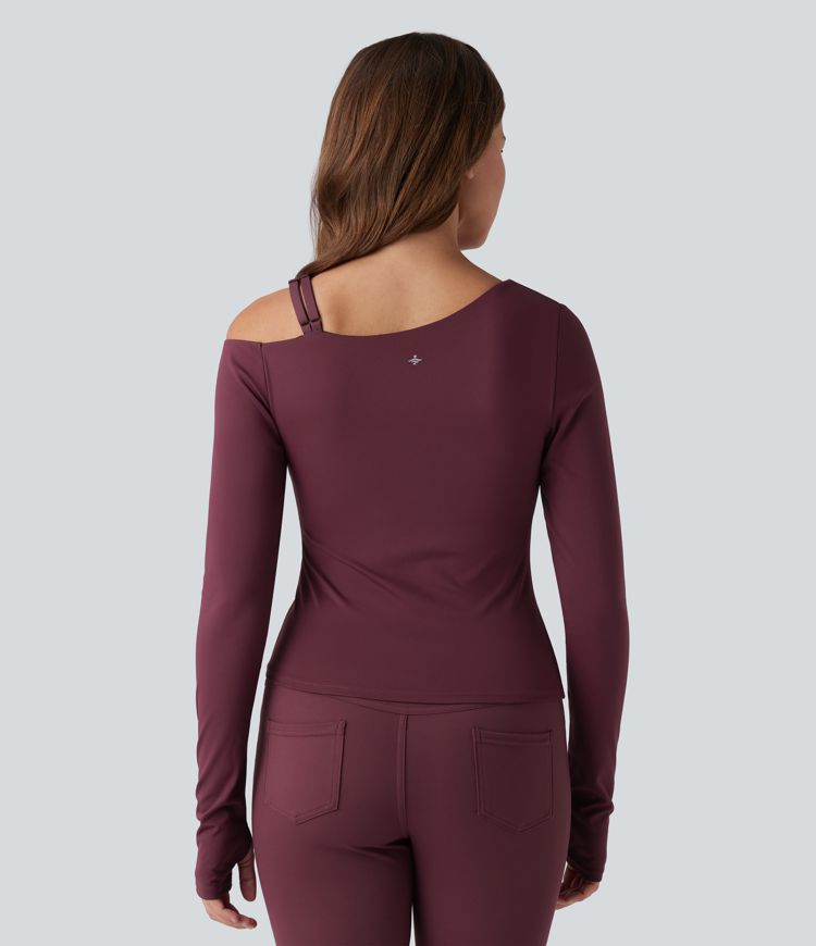SoftlyZero™ QuickDry One Shoulder Push-Up Long Sleeve Thumb Hole Ruched Yoga Sports Top