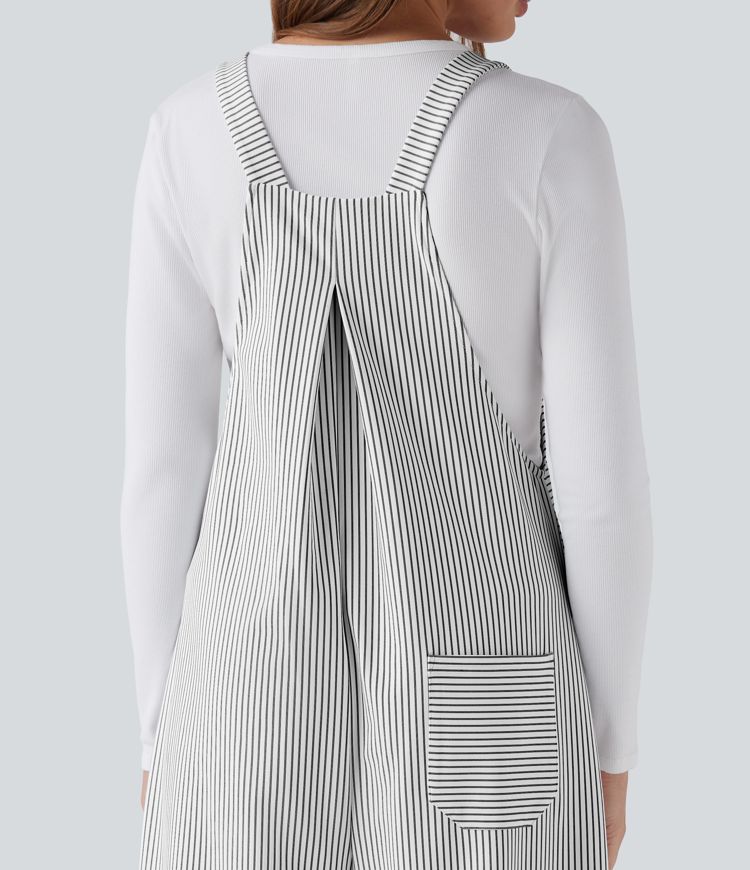 Adjustable Straps Stripes Wide Leg Casual Overalls with Pockets