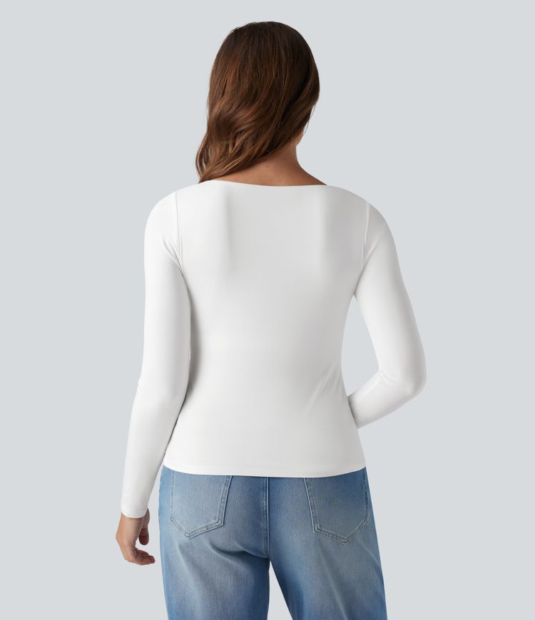 Push-Up Molded Cups Square Neck Long Sleeve Ruched 2-in-1 Casual T-Shirt