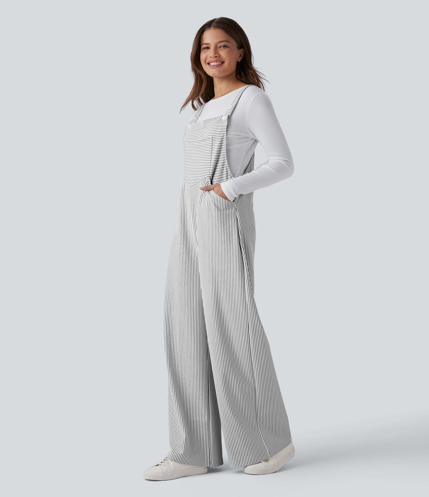 Adjustable Straps Stripes Wide Leg Casual Overalls with Pockets