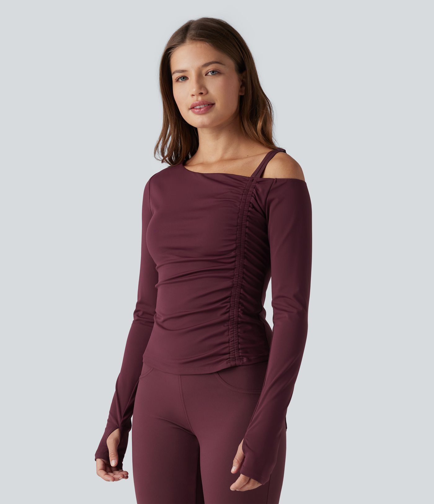 SoftlyZero™ QuickDry One Shoulder Push-Up Long Sleeve Thumb Hole Ruched Yoga Sports Top