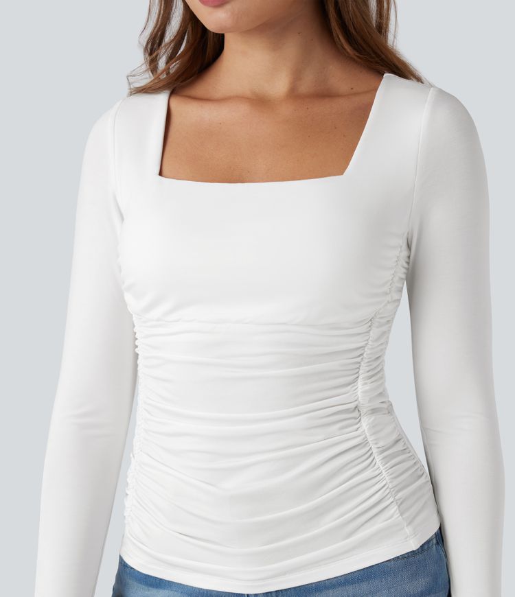 Push-Up Molded Cups Square Neck Long Sleeve Ruched 2-in-1 Casual T-Shirt