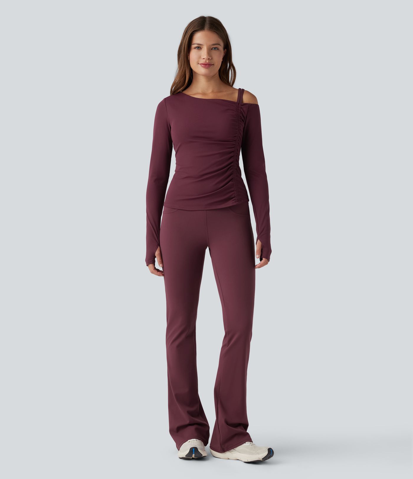 SoftlyZero™ QuickDry One Shoulder Push-Up Long Sleeve Thumb Hole Ruched Yoga Sports Top