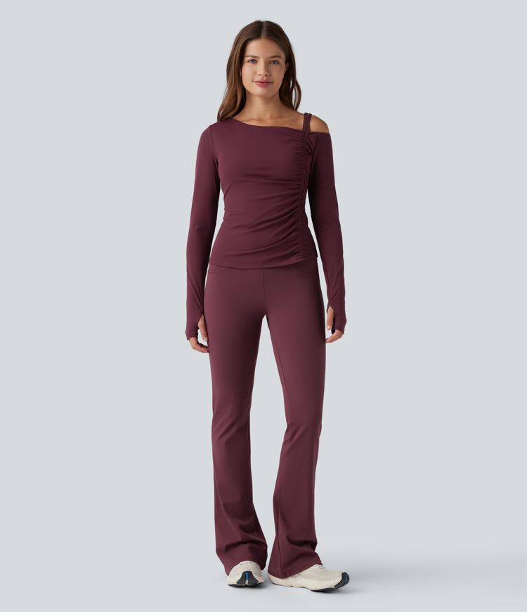 SoftlyZero™ QuickDry One Shoulder Push-Up Long Sleeve Thumb Hole Ruched Yoga Sports Top