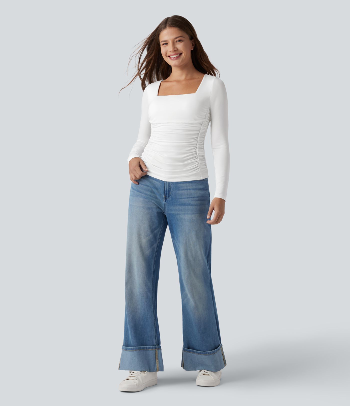 Square Neck Push-Up 2-in-1 Long Sleeve Ruched Casual T-Shirt A/B Cup