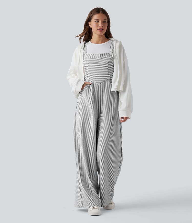 Adjustable Straps Stripes Wide Leg Casual Overalls with Pockets