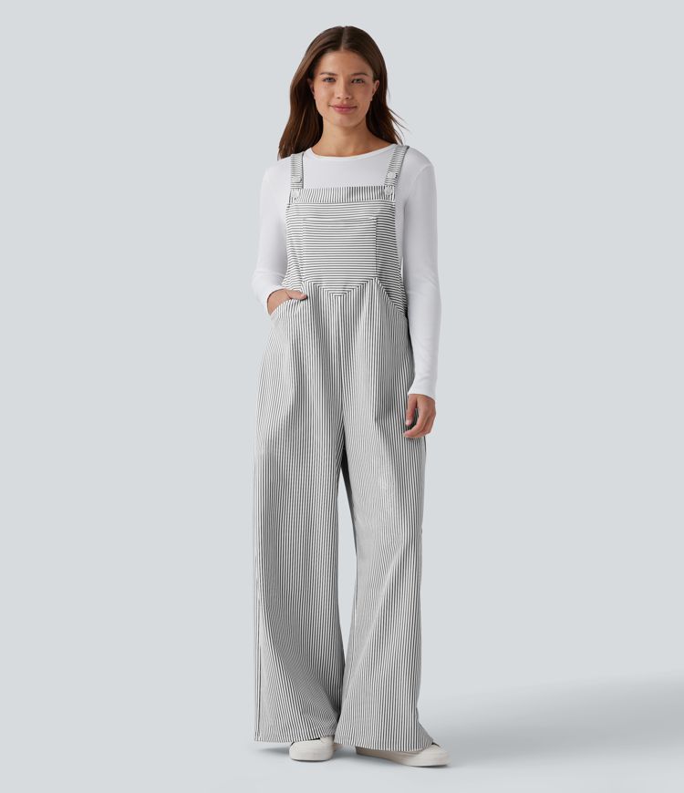 Adjustable Straps Stripes Wide Leg Casual Overalls with Pockets