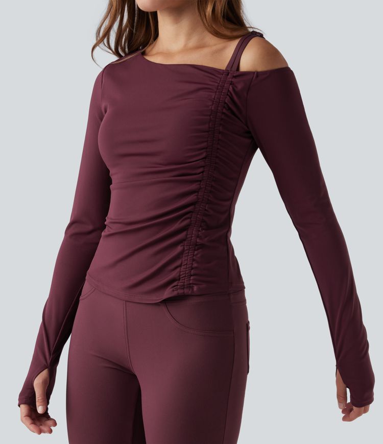 SoftlyZero™ QuickDry One Shoulder Push-Up Long Sleeve Thumb Hole Ruched Yoga Sports Top