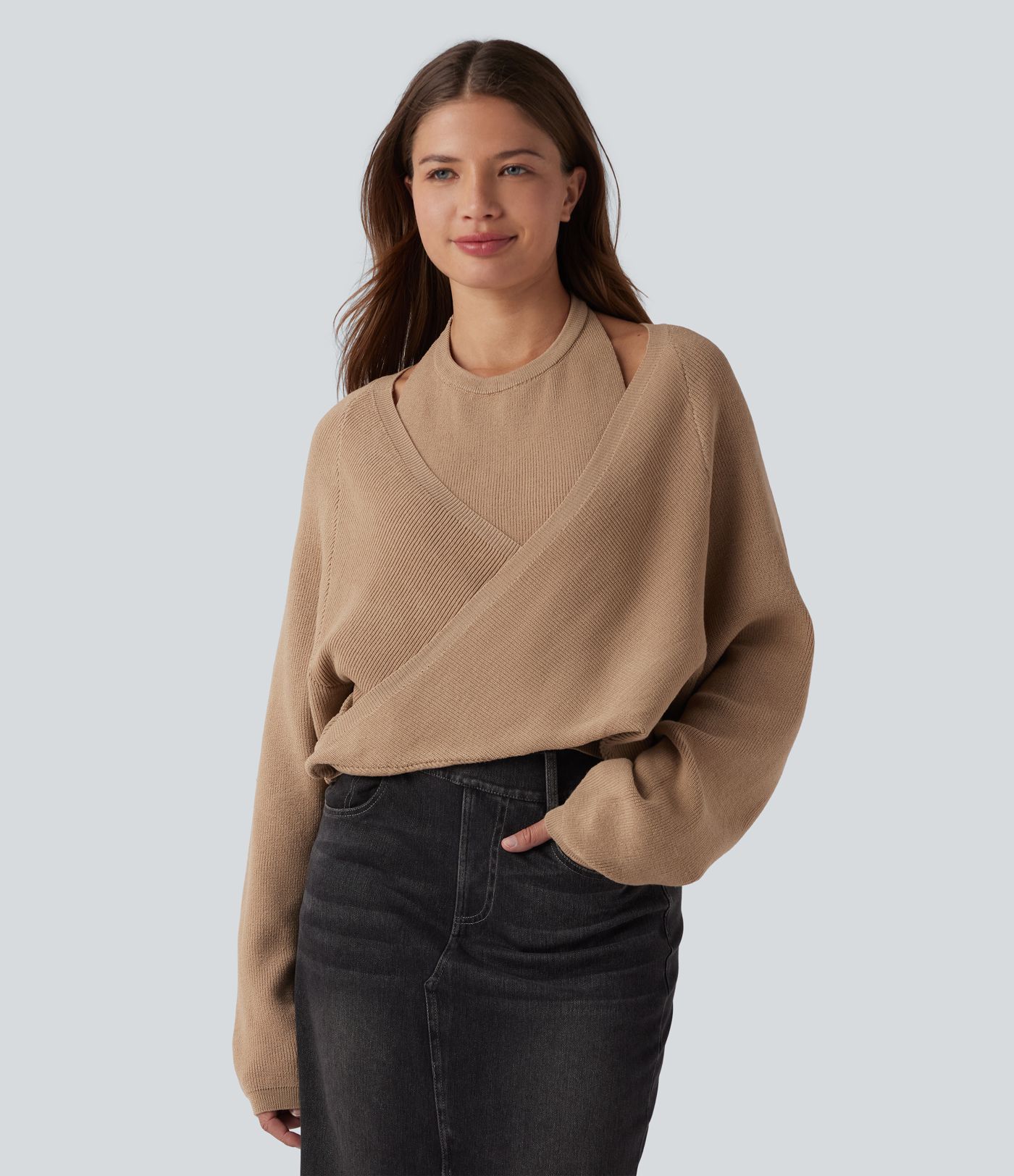 Halter Long Sleeve Wrap 2-in-1 Casual Jumper