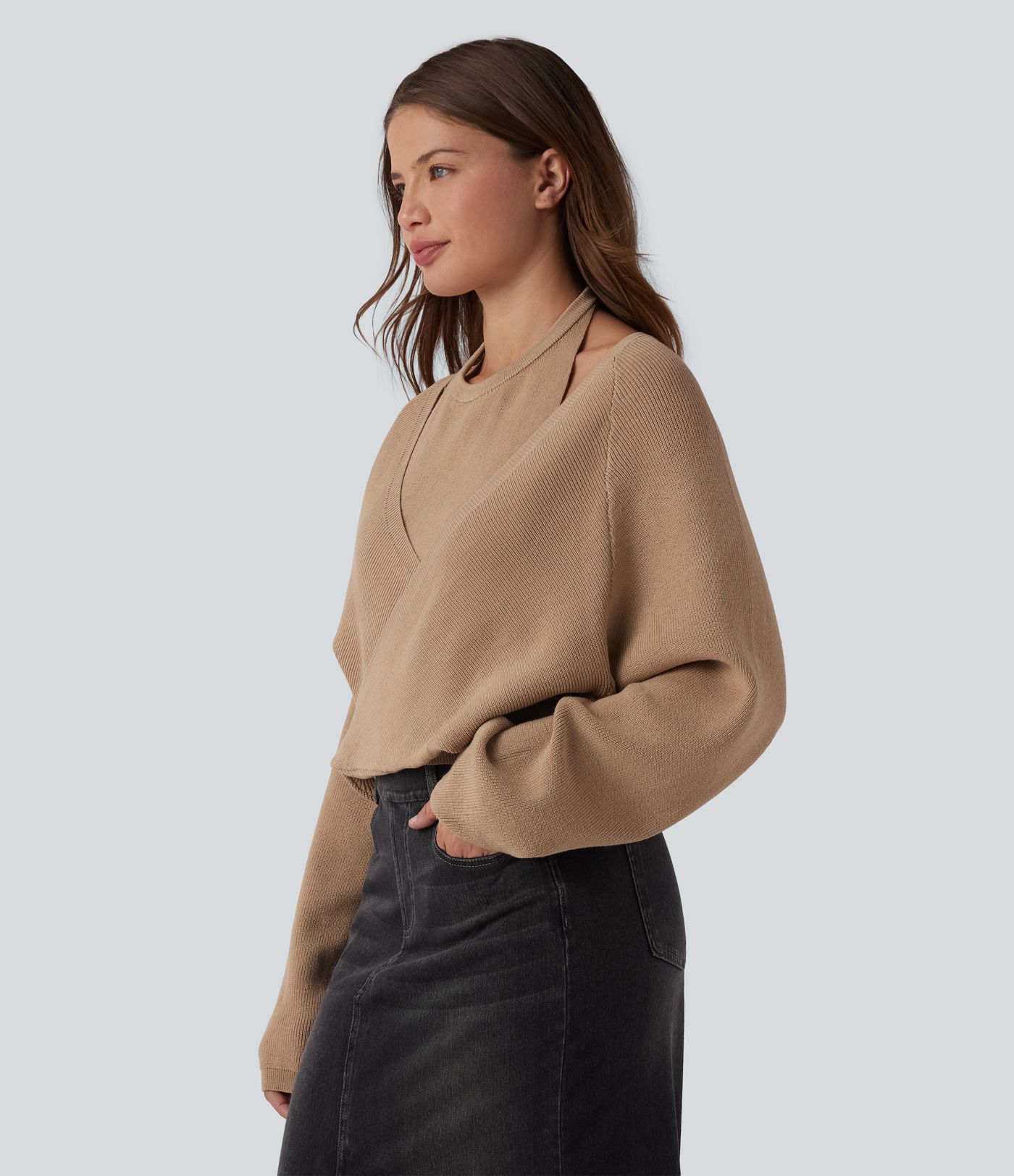 Halter Long Sleeve Wrap 2-in-1 Casual Jumper