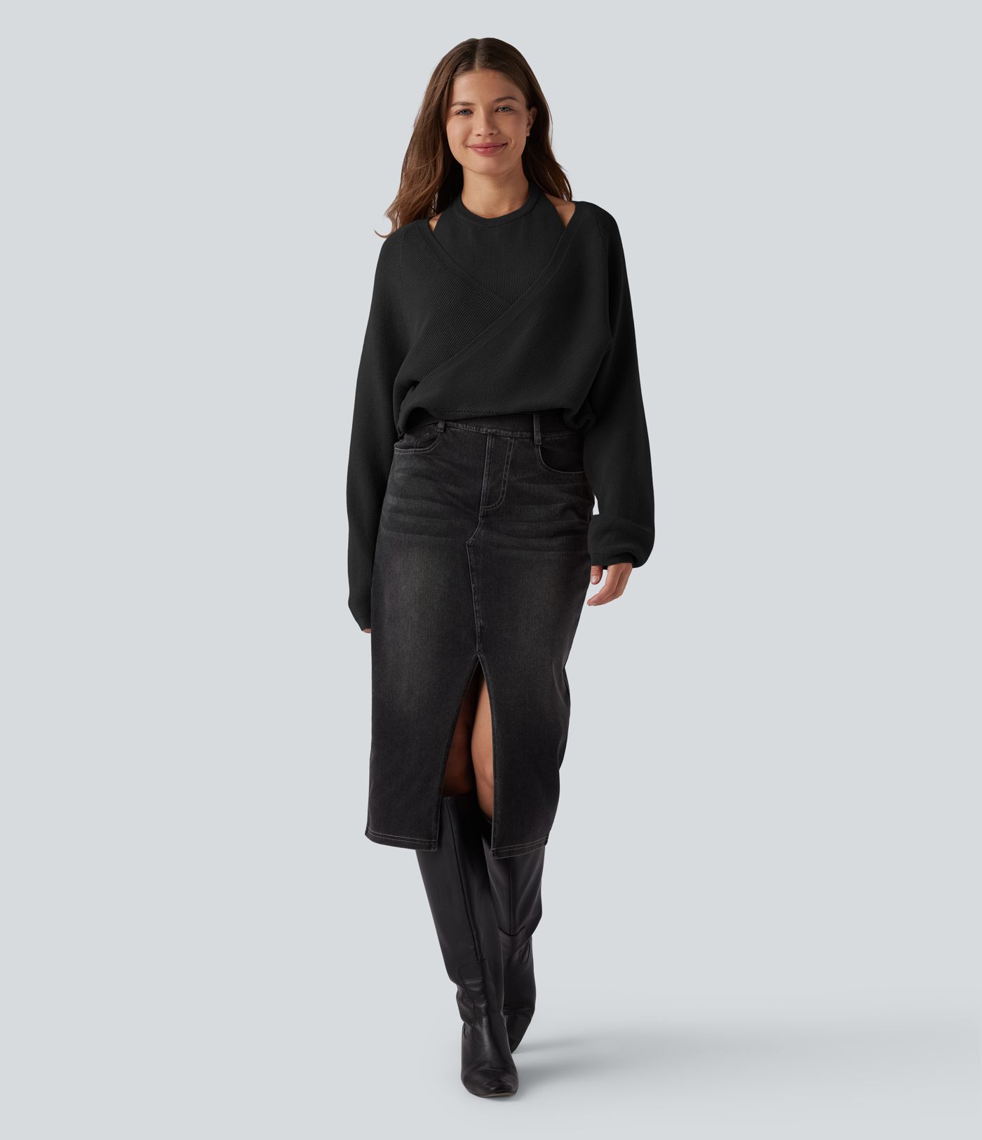 Halter Long Sleeve Wrap 2-in-1 Casual Sweater