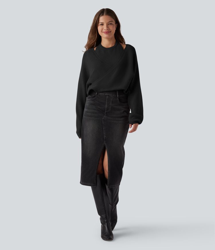 Halter Long Sleeve Wrap 2-in-1 Casual Sweater