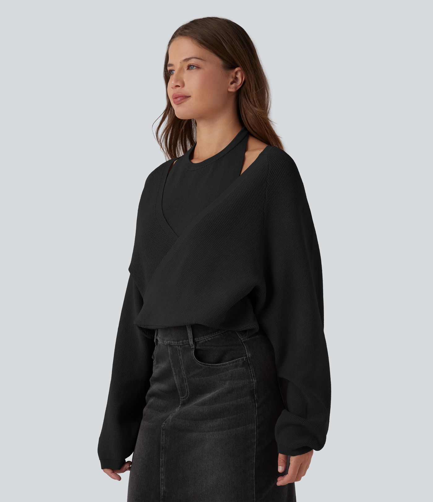 Halter Long Sleeve Wrap 2-in-1 Casual Sweater