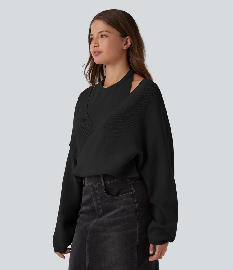 Halter Long Sleeve Wrap 2-in-1 Casual Sweater
