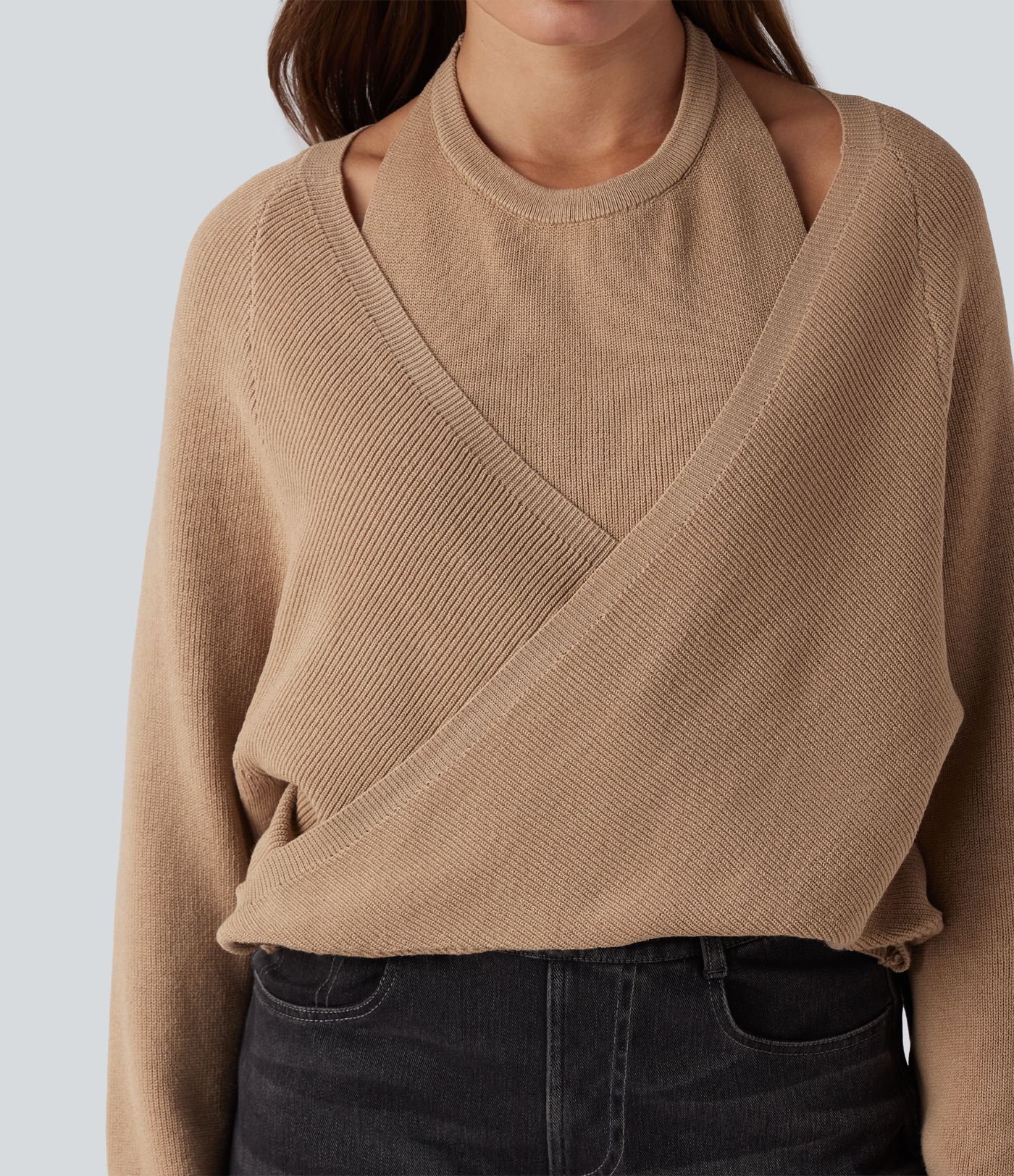Halter Long Sleeve Wrap 2-in-1 Casual Jumper