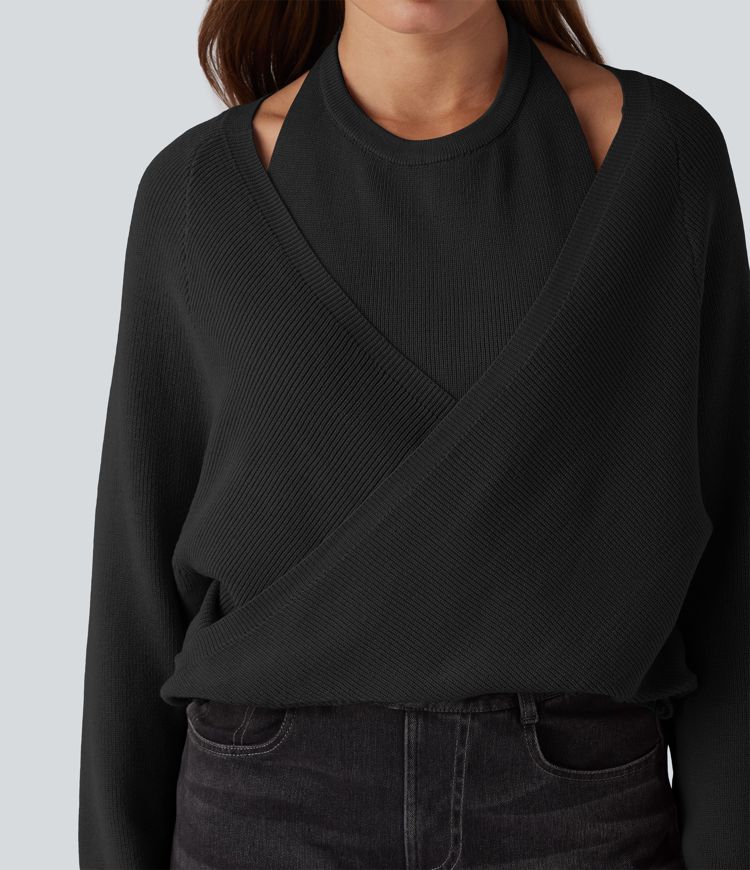 Halter Long Sleeve Wrap 2-in-1 Casual Sweater