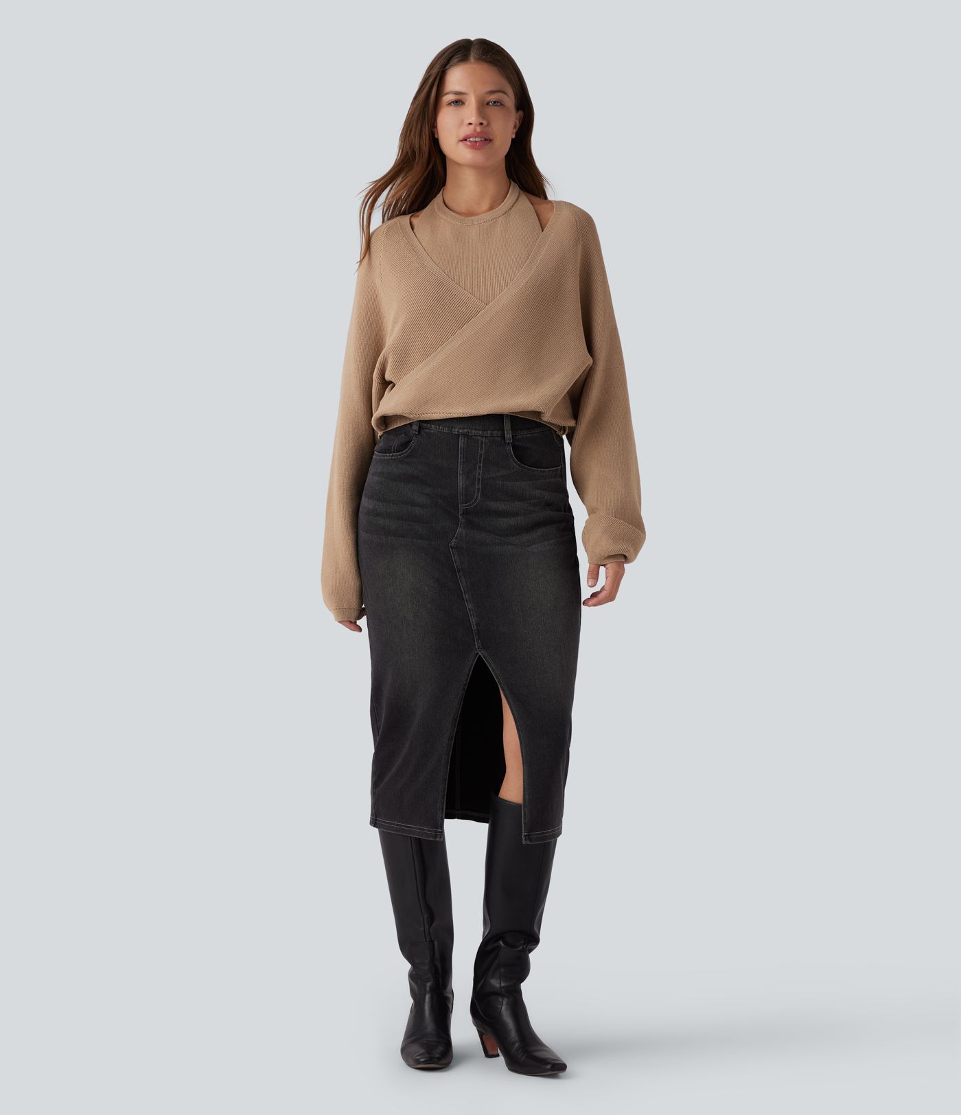 Halter Long Sleeve Wrap 2-in-1 Casual Jumper