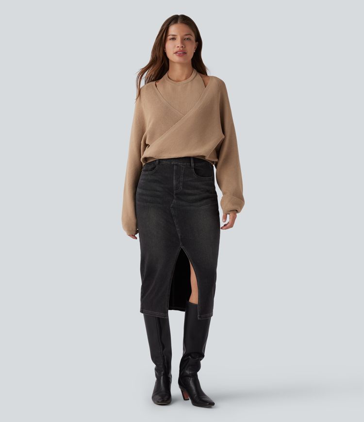 Halter Long Sleeve Wrap 2-in-1 Casual Jumper