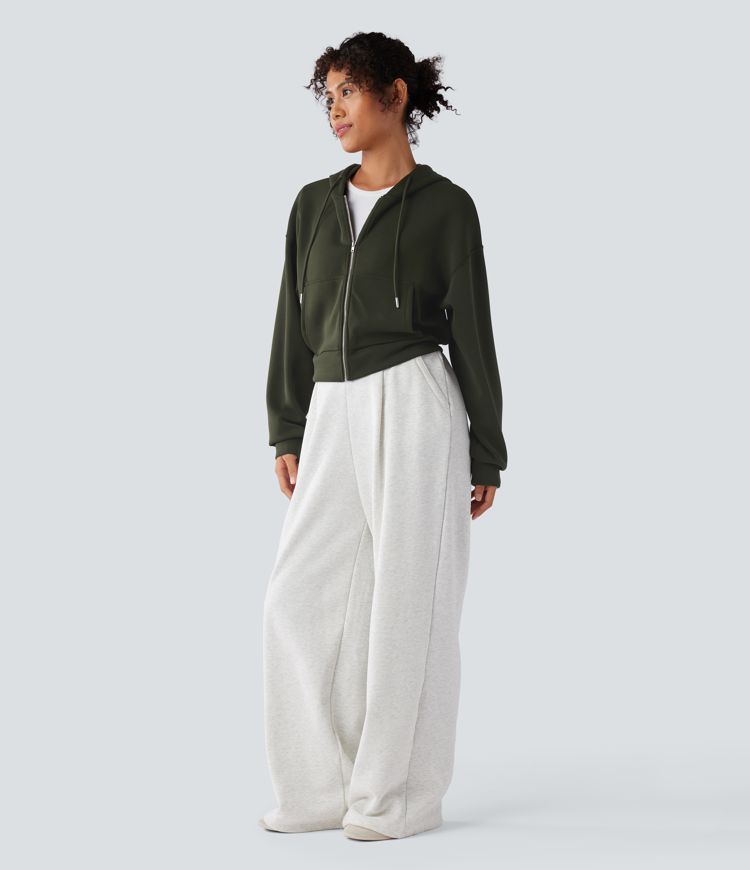 Hooded Drawstring Zipper Long Sleeve Casual Sports Sweatshirt with Pockets