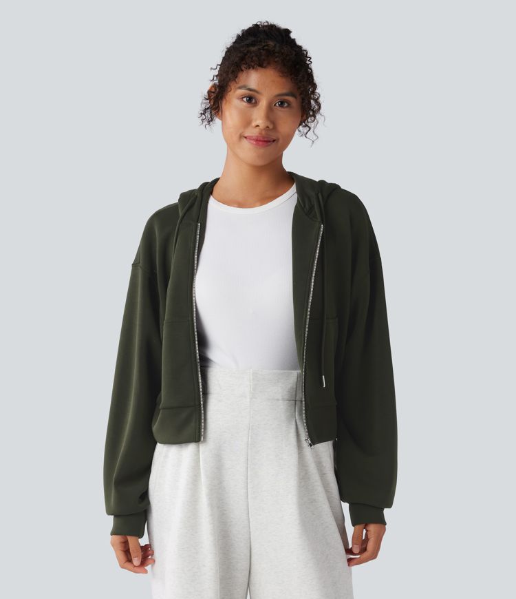 Hooded Drawstring Zipper Long Sleeve Casual Sports Sweatshirt with Pockets