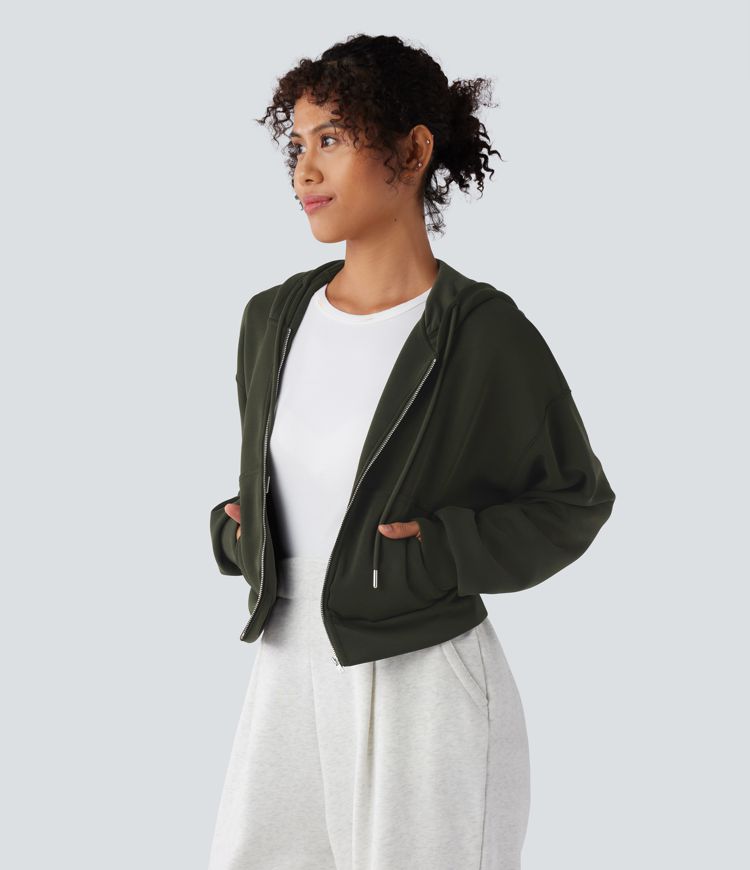 Hooded Drawstring Zipper Long Sleeve Casual Sports Sweatshirt with Pockets