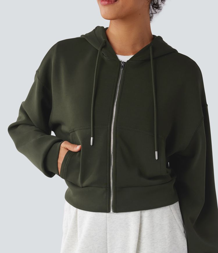 Hooded Drawstring Zipper Long Sleeve Casual Sports Sweatshirt with Pockets