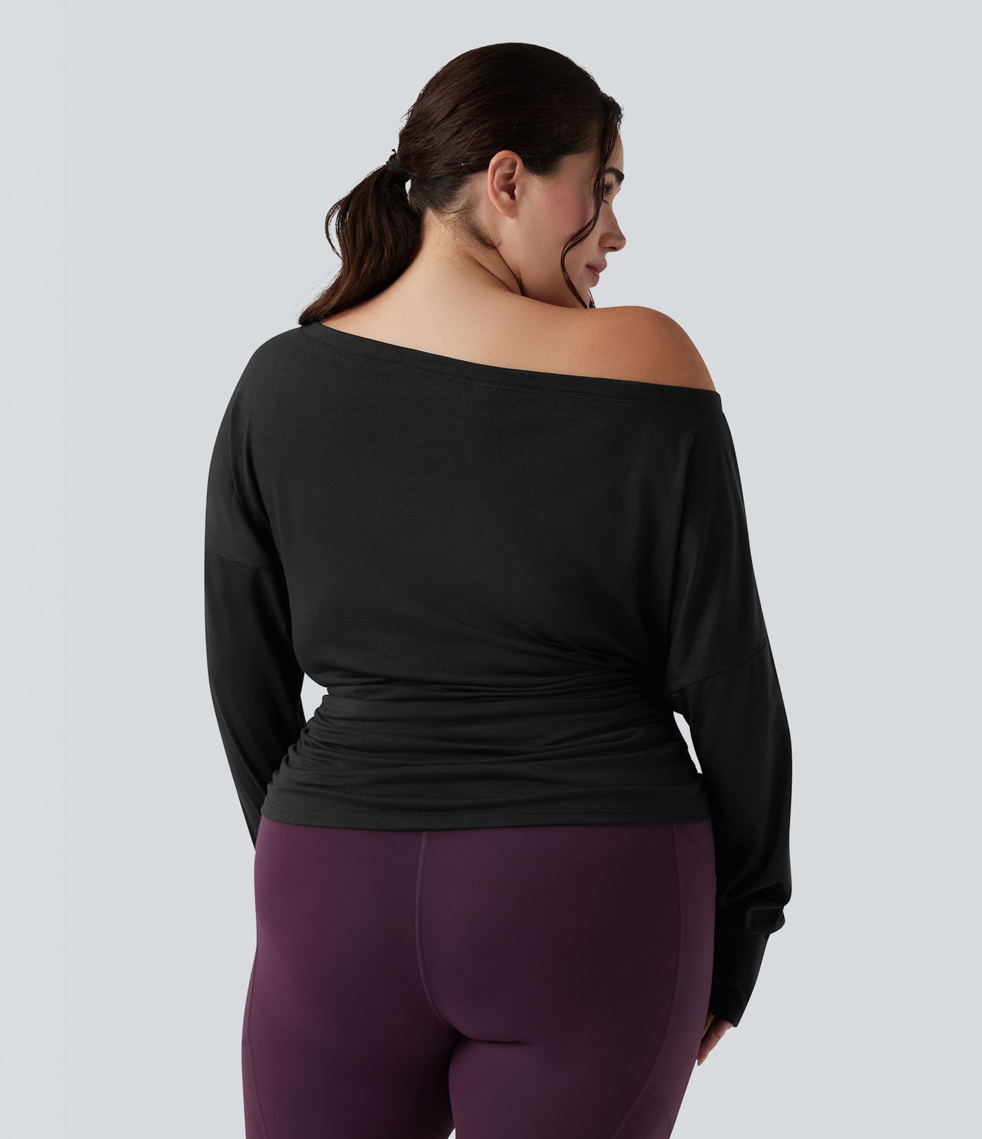 Plus Size One Shoulder Long Sleeve Thumb Hole Ruched Yoga Sports Top