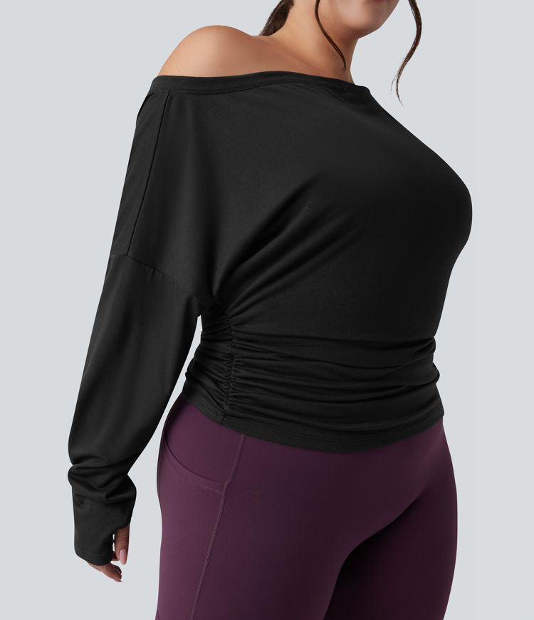 Plus Size One Shoulder Long Sleeve Thumb Hole Ruched Yoga Sports Top
