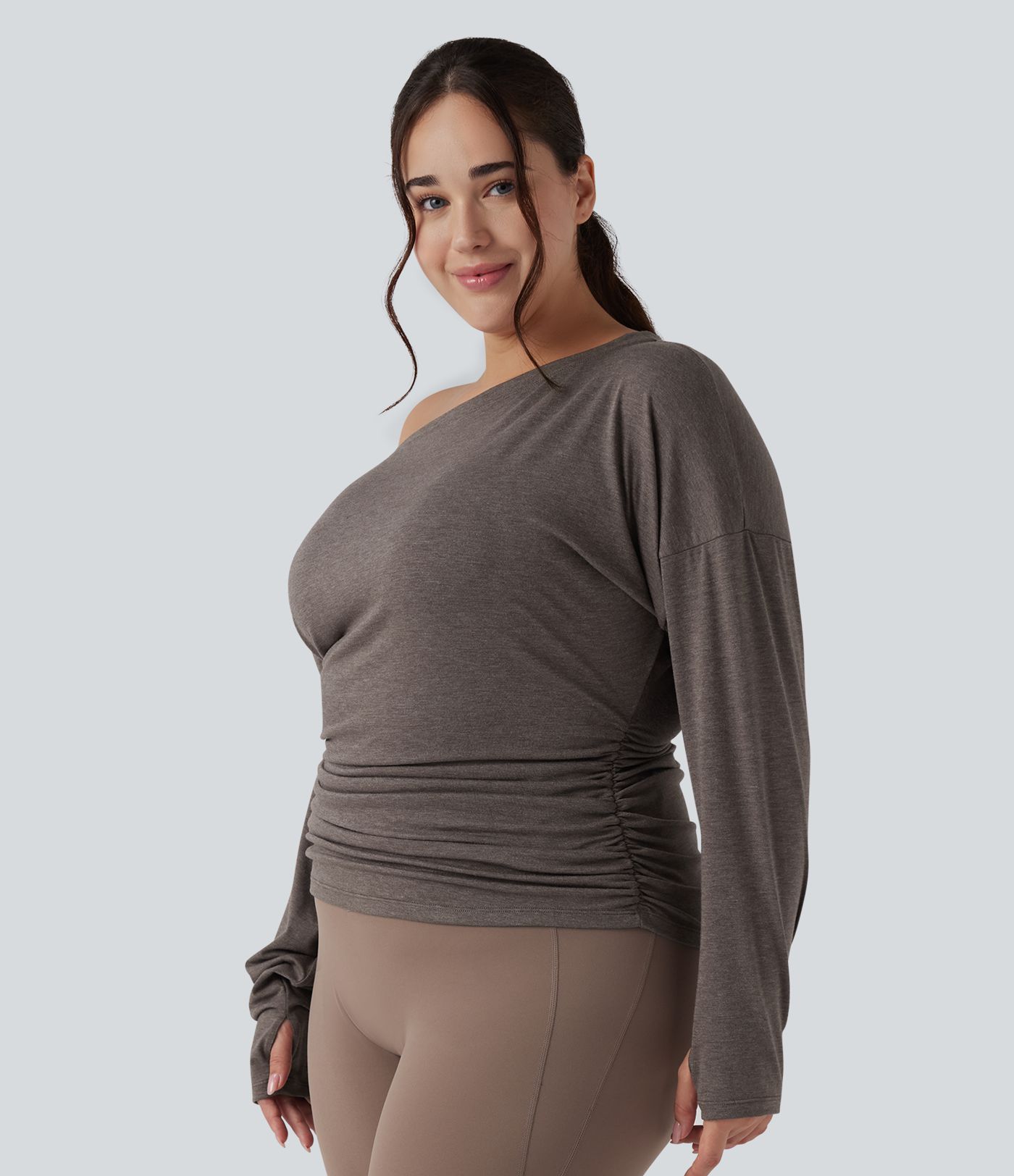 Plus Size One Shoulder Long Sleeve Thumb Hole Ruched Yoga Sports Top