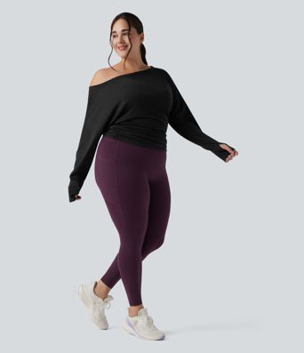 Plus Size One Shoulder Long Sleeve Thumb Hole Ruched Yoga Sports Top