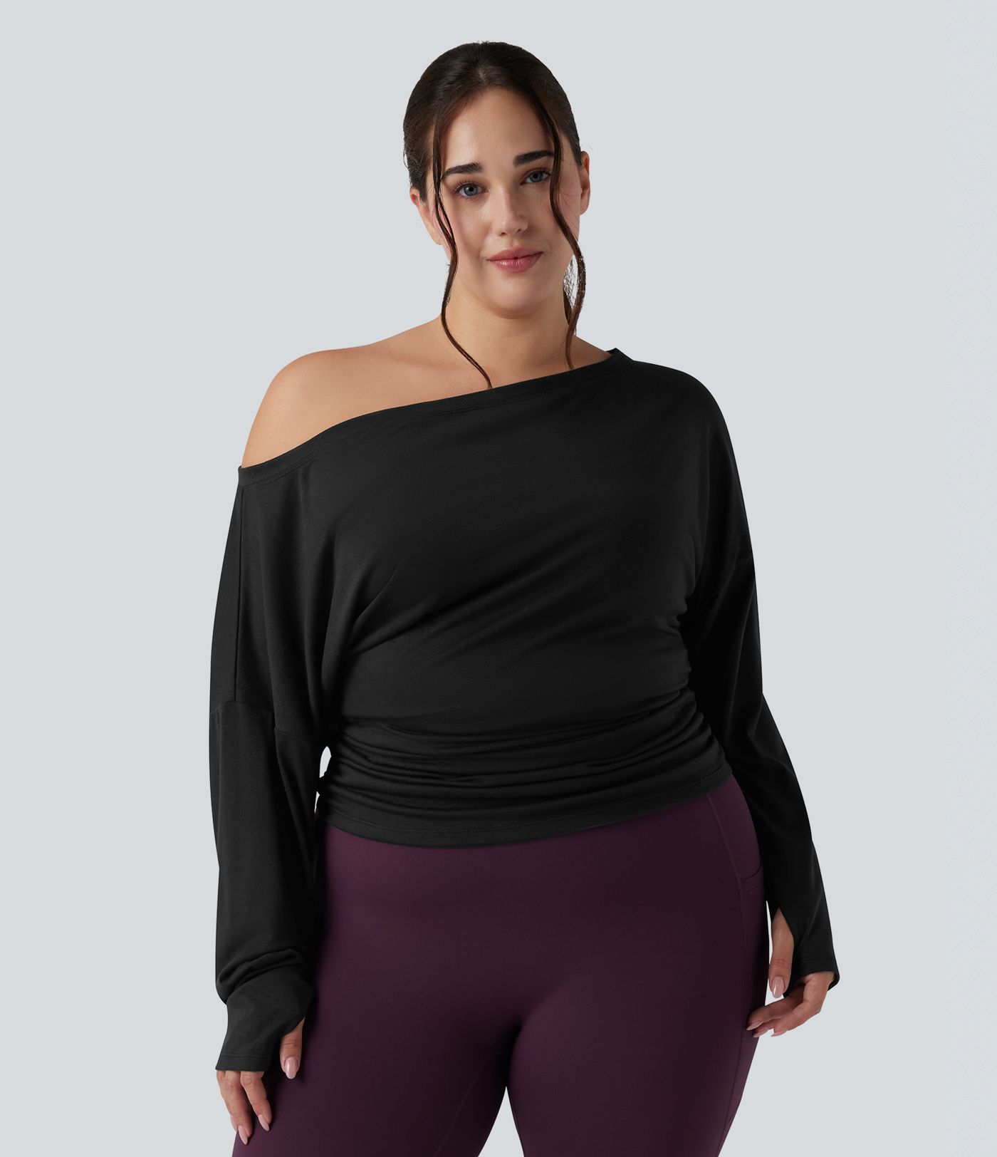 Plus Size One Shoulder Long Sleeve Thumb Hole Ruched Yoga Sports Top