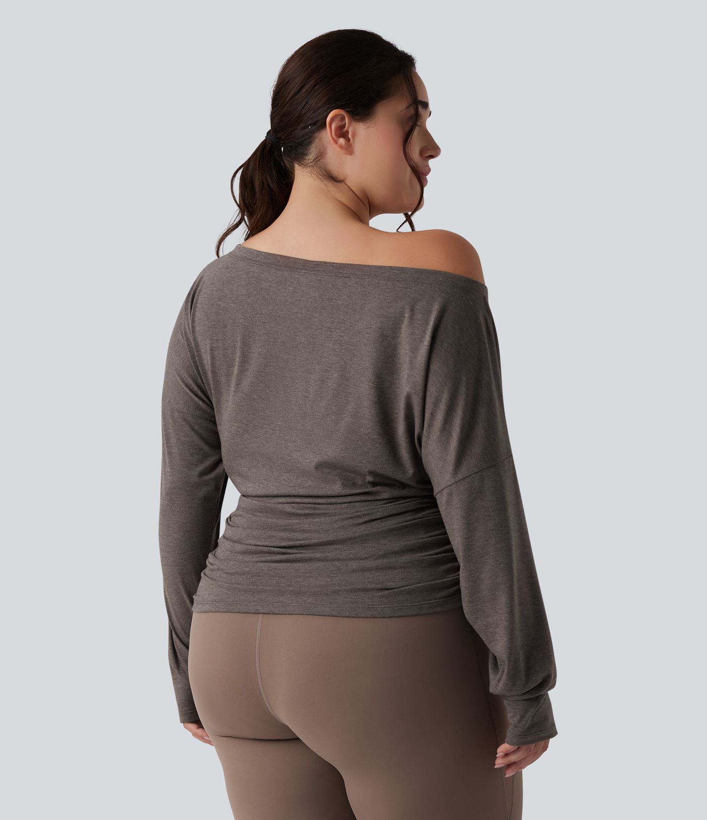 Plus Size One Shoulder Long Sleeve Thumb Hole Ruched Yoga Sports Top