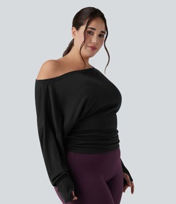 Plus Size One Shoulder Long Sleeve Thumb Hole Ruched Yoga Sports Top