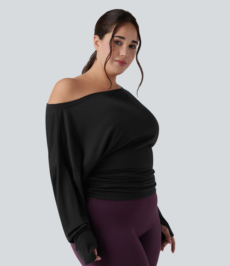 Plus Size One Shoulder Long Sleeve Thumb Hole Ruched Yoga Sports Top