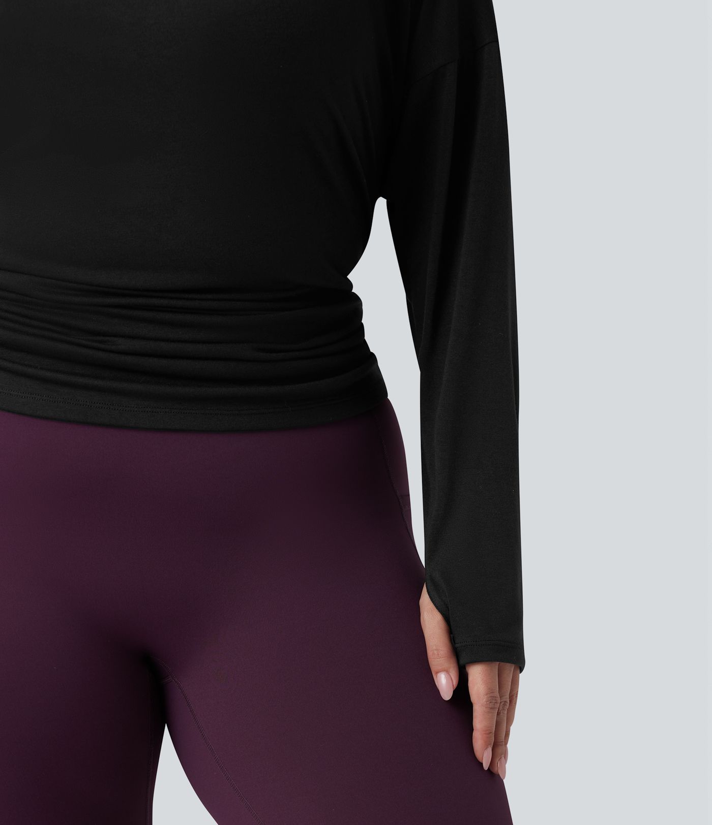Plus Size One Shoulder Long Sleeve Thumb Hole Ruched Yoga Sports Top